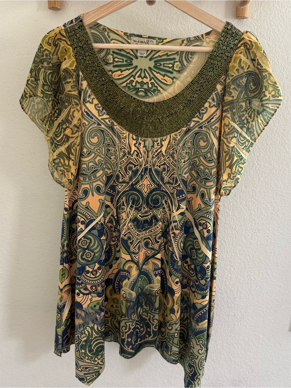 One World festival boho peasant Y2K green Beaded Neck tunic Blouse Top Size XL